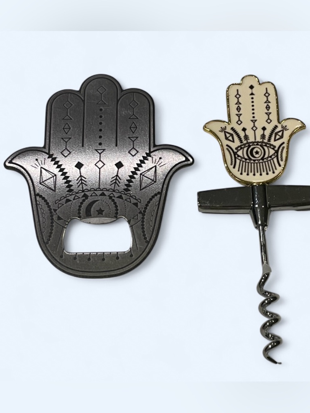 Hamsa Hand Bottle Opener & Corkscrew Set - Black and Cream